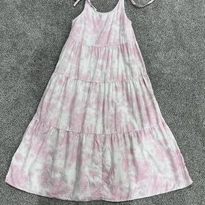 Beach Lunch Lounge Cotton Linen Blend Pink Cream Tiered Maxi Dress Women’s Small